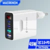 45 واط USB C شاحن 4 منافذ شحن سريع شاشة ديجيتال محول الهاتف المحمول آيفون 15 شاومي هواوي QC 3.0 الجدار PD شاحن