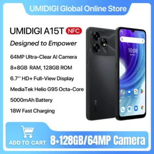 UMIDIGI A15T هاتف ذكي أندرويد NFC 16 جيجابايت (8 + 8 جيجابايت تمديد) ذاكرة الوصول العشوائي 128 جيجابايت هيليو G95,64 ميجابكسل AI كاميرا 6.7 بوصة HD + 5000 مللي أمبير في الساعة هاتف محمول 2024