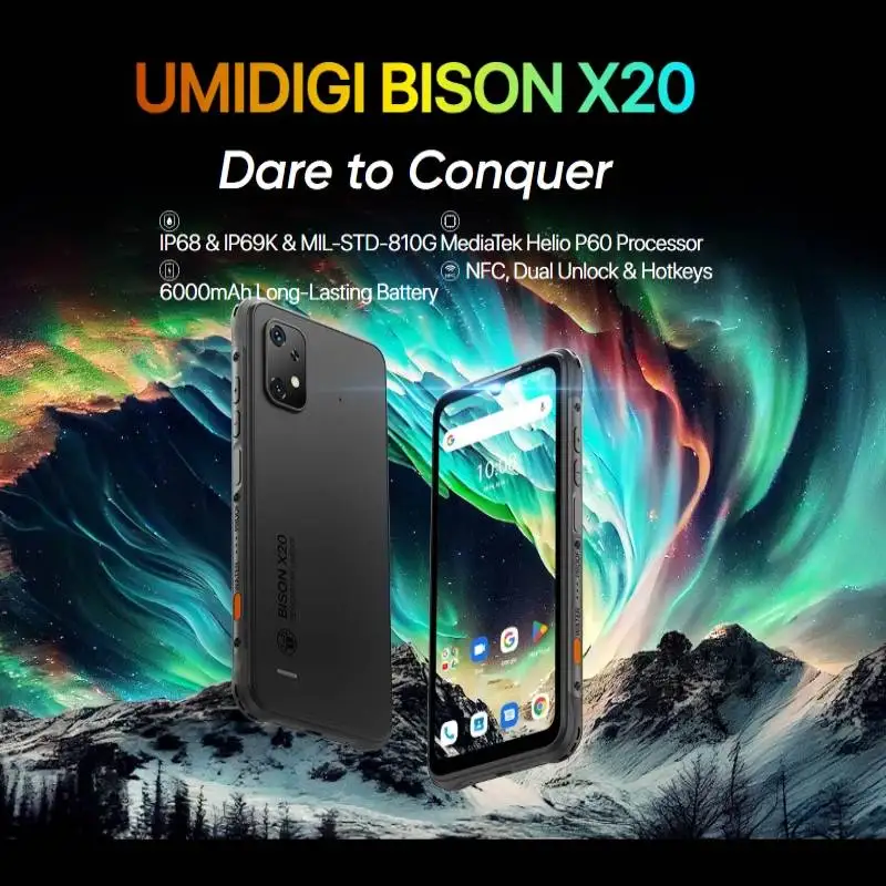UMIDIGI BISON X20 هاتف ذكي متين NFC 6000mAh 12GB(6+6GB)RAM 128GB ROM 6.53 "HD Android 13 MTK Helio P60 هاتف محمول