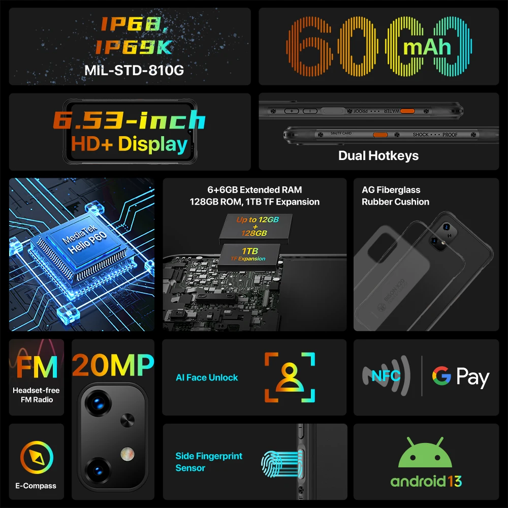 UMIDIGI BISON X20 هاتف ذكي متين NFC 6000mAh 12GB(6+6GB)RAM 128GB ROM 6.53 "HD Android 13 MTK Helio P60 هاتف محمول - الصورة 2