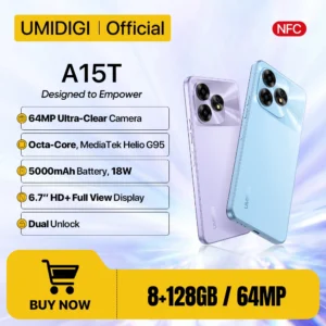 هاتف ذكي UMIDIGI A15T يعمل بنظام أندرويد 13 MTK Helio G95 ثماني النواة فائق النحافة مقاس 6.7 بوصة HD+ 8+8GB 128GB 64MP 5000mAh بطارية Hotkey NFC AGPS