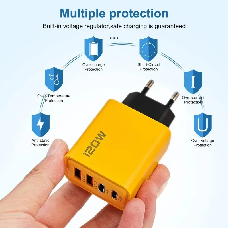 120 واط شحن سريع 4 منافذ شاحن الهاتف المحمول QC3.0 USB نوع C شواحن المزدوج PD الجدار محول الاتحاد الأوروبي/الولايات المتحدة/المملكة المتحدة التوصيل آيفون 15 شاومي - الصورة 4