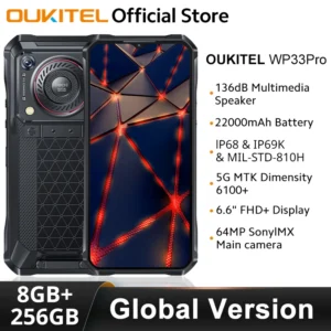 Oukitel WP33 Pro 5G هاتف متين 6.6 "FHD + عرض 5 واط 136dB مكبر صوت MTK الأبعاد 6100 + 22000 مللي أمبير 64 ميجابكسل كاميرا 33 واط الهاتف المحمول