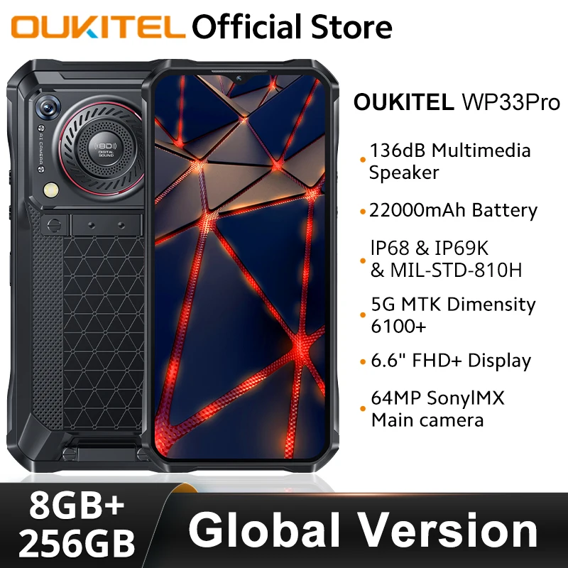 Oukitel WP33 Pro 5G هاتف متين 6.6 "FHD + عرض 5 واط 136dB مكبر صوت MTK الأبعاد 6100 + 22000 مللي أمبير 64 ميجابكسل كاميرا 33 واط الهاتف المحمول