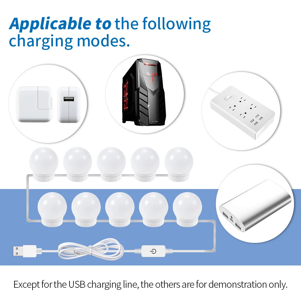 مرآة ماكياج LED مصابيح كهربائية أضواء الغرور USB شحن الحمام خلع الملابس الجدول الإضاءة عكس الضوء LED المرآة البالونية الخفيفة - الصورة 6