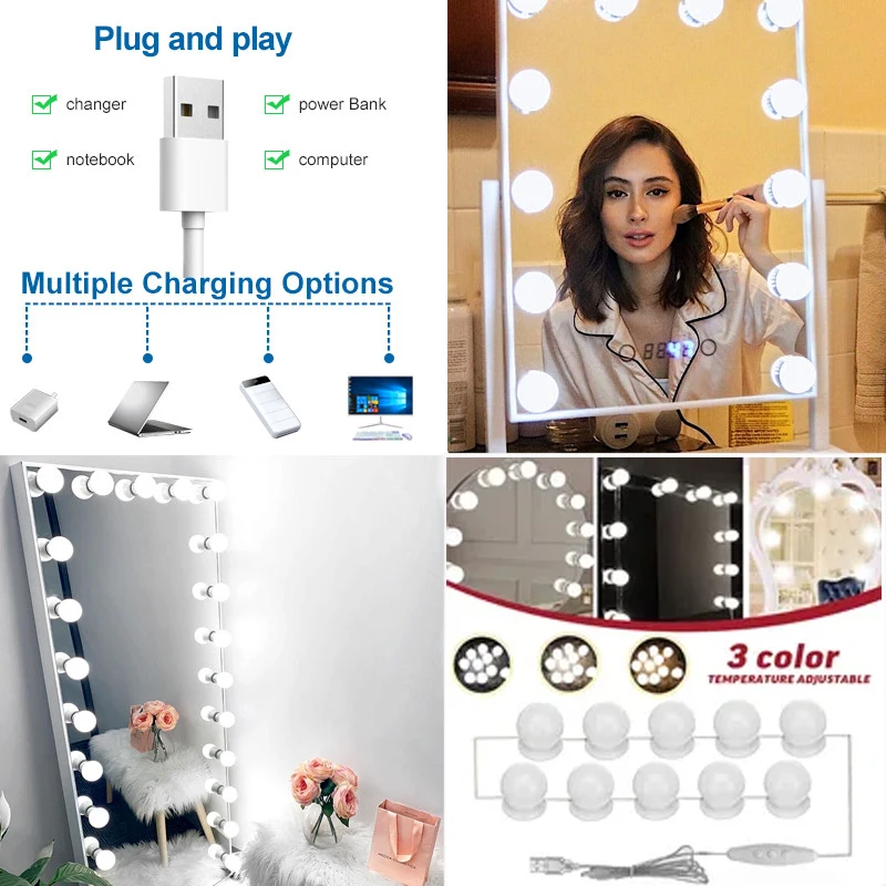 مرآة ماكياج LED مصابيح كهربائية أضواء الغرور USB شحن الحمام خلع الملابس الجدول الإضاءة عكس الضوء LED المرآة البالونية الخفيفة - الصورة 3