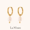 La. Muses Simple Freshwater Pearl Pendant Stainless Steel Women's Hoop Earrings 18K Gold Plated Fashion Jewelry Gift