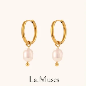 La. Muses Simple Freshwater Pearl Pendant Stainless Steel Women's Hoop Earrings 18K Gold Plated Fashion Jewelry Gift