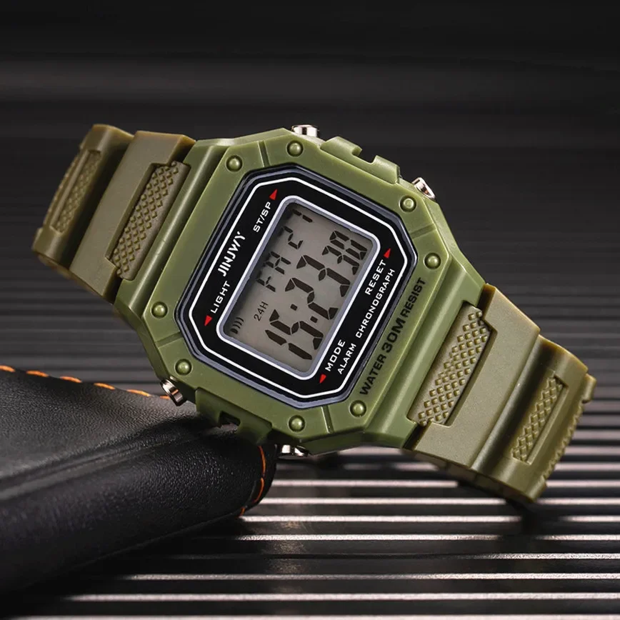 LED Display Electronic Watch Sports for Men Luxury Brand Army Green Mens Watches Waterproof Silicone Watchband Wristwatch