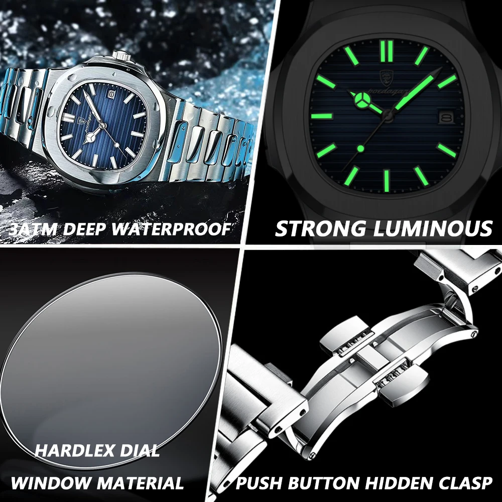 POEDAGAR Square Luxury Men Wristwatch Waterproof Luminous Date Stainless Steel Male Clock Business Sports Quartz Watches For Men - الصورة 5