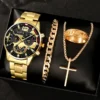 4pcs Luxury Men Business Quartz Watch Gold Alloy Roman with Calendar Wrist Watch Cross Necklace Bracelet Ring Set Men's Gift