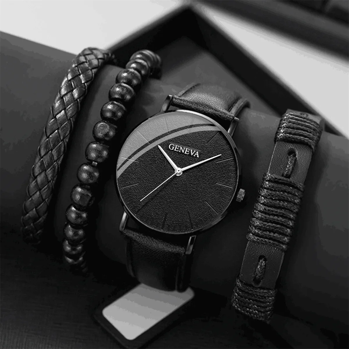 New Men Watch Luxury Bracelet Set Fashion Business Brown Leather Quartz Wrist Watches for Men Gift Set Relogio Masculino NO BOX - الصورة 2