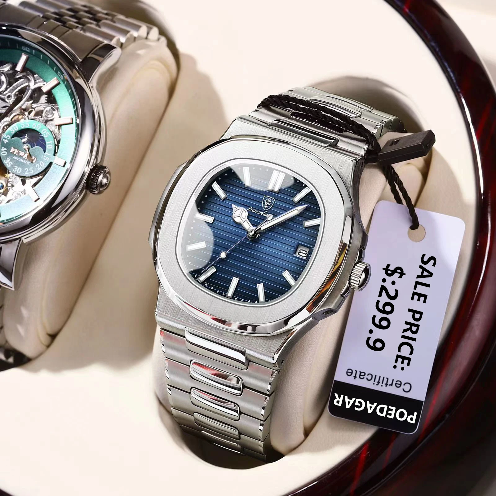 POEDAGAR Square Luxury Men Wristwatch Waterproof Luminous Date Stainless Steel Male Clock Business Sports Quartz Watches For Men - الصورة 2