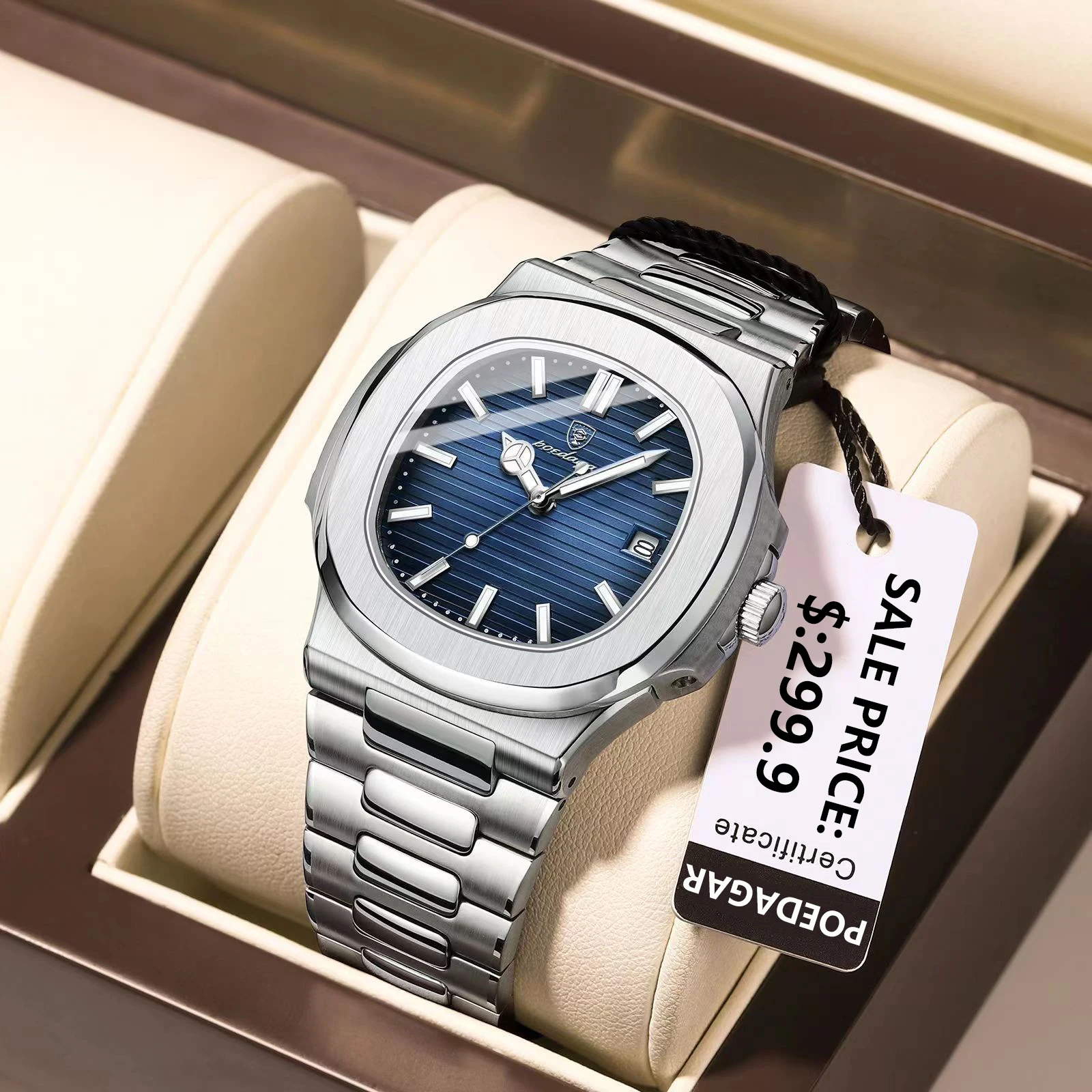 POEDAGAR Square Luxury Men Wristwatch Waterproof Luminous Date Stainless Steel Male Clock Business Sports Quartz Watches For Men - الصورة 3