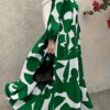مقاس كبير - مقاس كبير - طقم خريف نسائي، ياقة على شكل حرف V، فستان ماكسي بأكمام طويلة، طباعة عصرية، نمط كاجوال للخريف والشتاء، فستان نسائي فضفاض ومريح بمقاس كبير